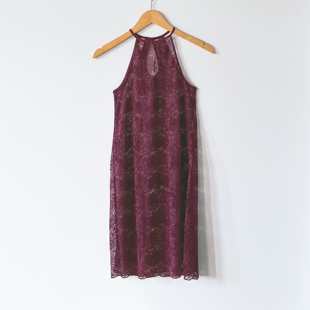 La Vie en Rose Lace Floral High Neck Nightie Burgundy Mauve Purple Lingerie XS